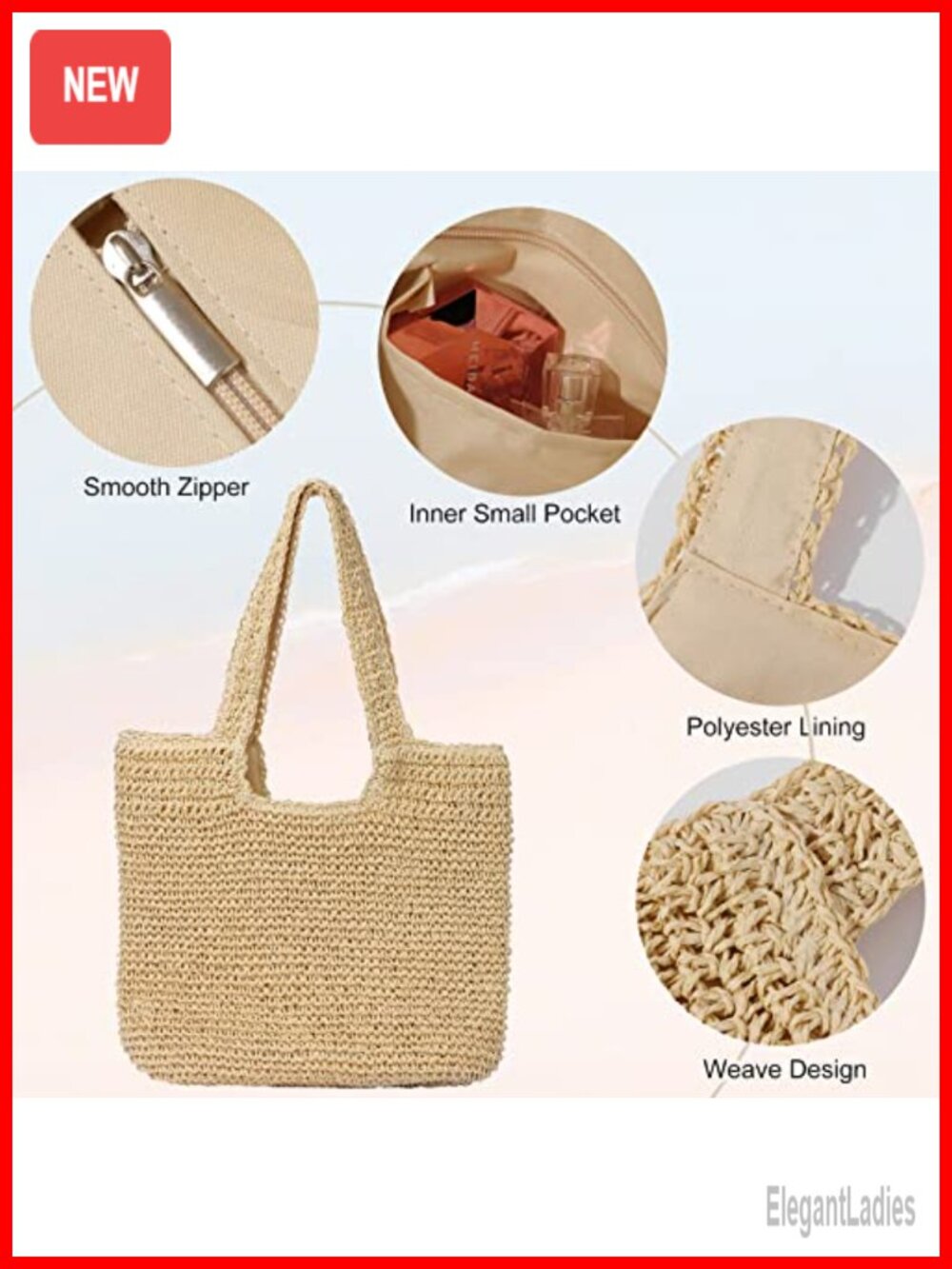 Handwoven Straw Shoulder Bag Large Tote for Beach Travel Summer Vacation - Picture 5 of 6